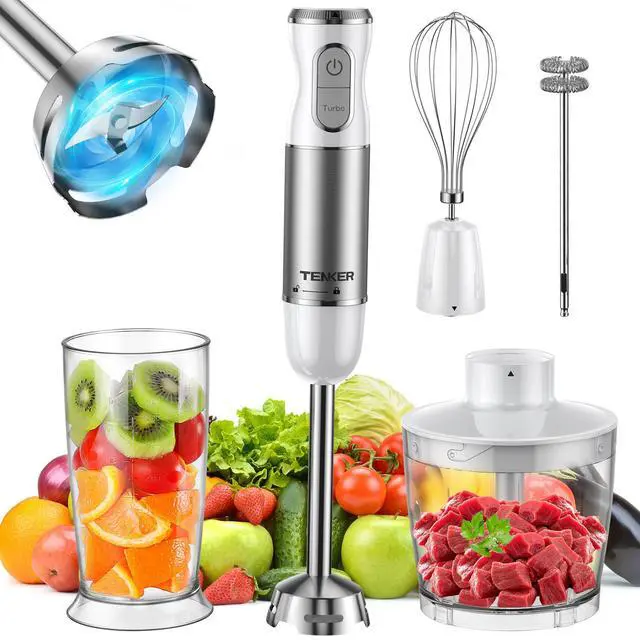 Main image of TENKER HB-2016A Hand Blender 5 in 1 white Immersion Blender Set, 30-Speed Hand Stick Blender with 600ml Beaker, 500ml Food Processor, Egg Whisk, Milk Frother