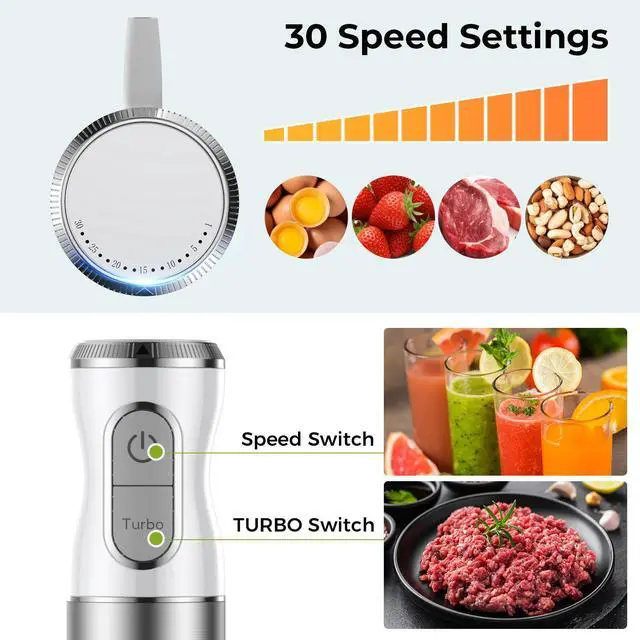 Alt view image 3 of 7 - TENKER HB-2016A Hand Blender 5 in 1 white Immersion Blender Set, 30-Speed Hand Stick Blender with 600ml Beaker, 500ml Food Processor, Egg Whisk, Milk Frother