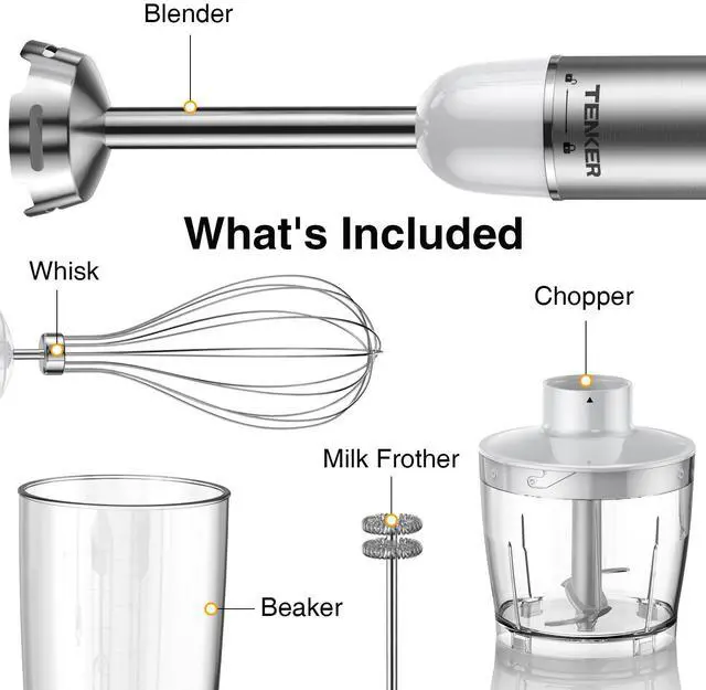 Alt view image 7 of 7 - TENKER HB-2016A Hand Blender 5 in 1 white Immersion Blender Set, 30-Speed Hand Stick Blender with 600ml Beaker, 500ml Food Processor, Egg Whisk, Milk Frother