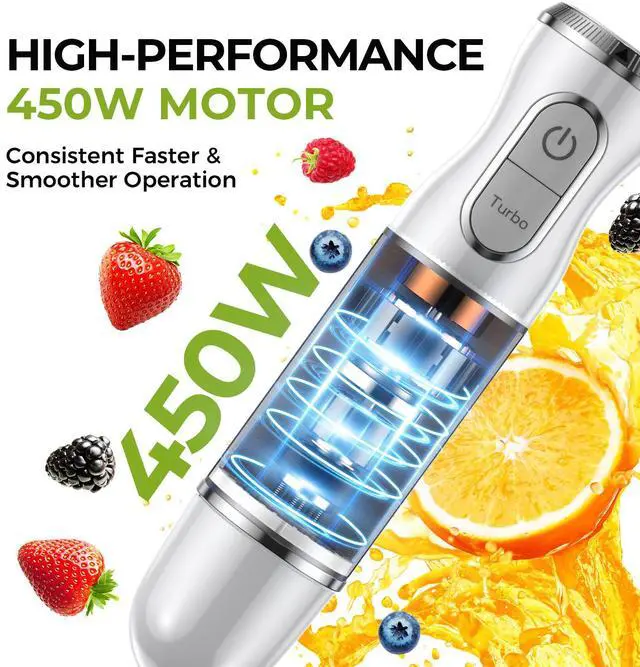 Alt view image 4 of 7 - TENKER HB-2016A Hand Blender 5 in 1 white Immersion Blender Set, 30-Speed Hand Stick Blender with 600ml Beaker, 500ml Food Processor, Egg Whisk, Milk Frother