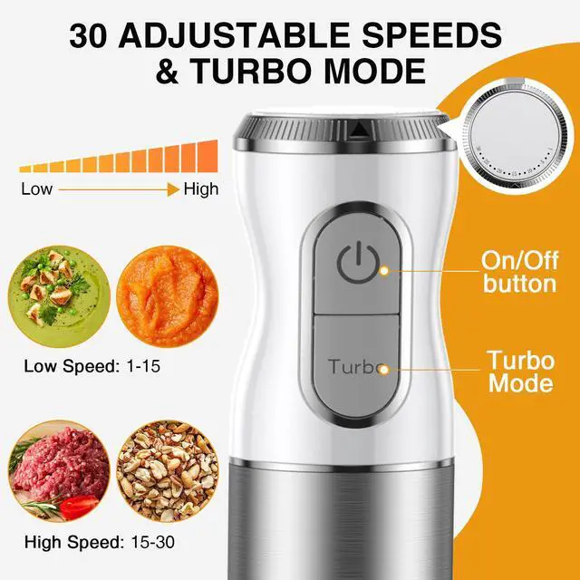 Alt view image 6 of 7 - TENKER HB-2016A Hand Blender 5 in 1 white Immersion Blender Set, 30-Speed Hand Stick Blender with 600ml Beaker, 500ml Food Processor, Egg Whisk, Milk Frother