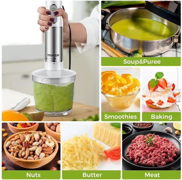 Alt view image 5 of 7 - TENKER HB-2016A Hand Blender 5 in 1 white Immersion Blender Set, 30-Speed Hand Stick Blender with 600ml Beaker, 500ml Food Processor, Egg Whisk, Milk Frother