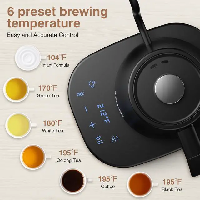 Alt view image 2 of 7 - TENKER Electric Gooseneck Kettle Temperature Control Pour-Over Tea Kettle for Coffee Brewing;  Stainless Steel Inner;  1300W Rapid Heating;  Temp Holding Matte Black