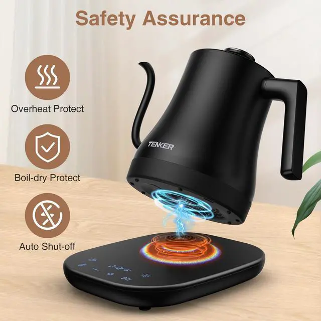 Alt view image 5 of 7 - TENKER Electric Gooseneck Kettle Temperature Control Pour-Over Tea Kettle for Coffee Brewing;  Stainless Steel Inner;  1300W Rapid Heating;  Temp Holding Matte Black
