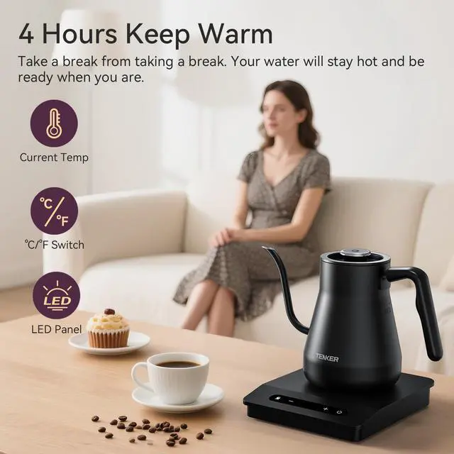 Alt view image 5 of 7 - TENKER Electric Gooseneck Kettle Gooseneck Pour Over Coffee Tea Kettle 1200W Temperature Control Rapid Boil in 3-5 minutes Keep Warm