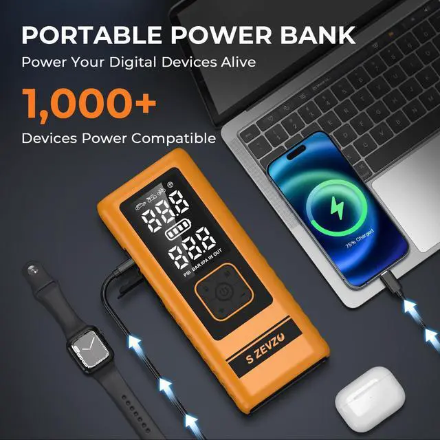 Alt view image 3 of 7 - SZEVZO M5 8800mAh Car Jump Starter with Air compressor Air Inflator Jumper Box Battery Charger Power Bank