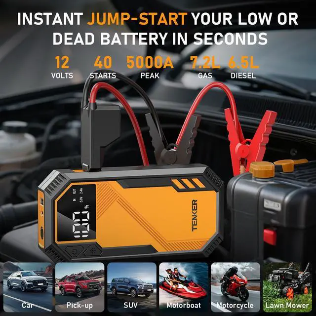 Alt view image 4 of 7 - TENKER QD01 5000A Car Jump Starter 7.2L Gas or 6.5L Diesel 44.4W Portable Power Bank LED Flashlight 12V Jumper Box 10 Protections Built in Comprehensive Protection