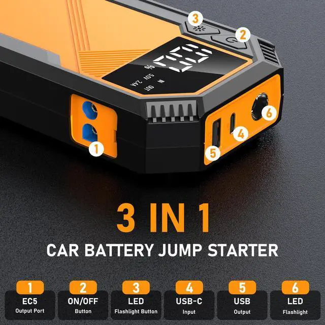 Alt view image 3 of 7 - TENKER QD01 5000A Car Jump Starter 7.2L Gas or 6.5L Diesel 44.4W Portable Power Bank LED Flashlight 12V Jumper Box 10 Protections Built in Comprehensive Protection