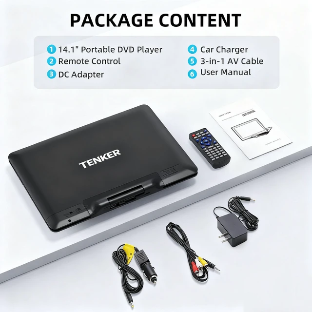 Alt view image 7 of 7 - TENKER 16.9" Portable DVD Players w/14" HD Swivel Screen, 6-Hour Rechargeable Battery Black Color