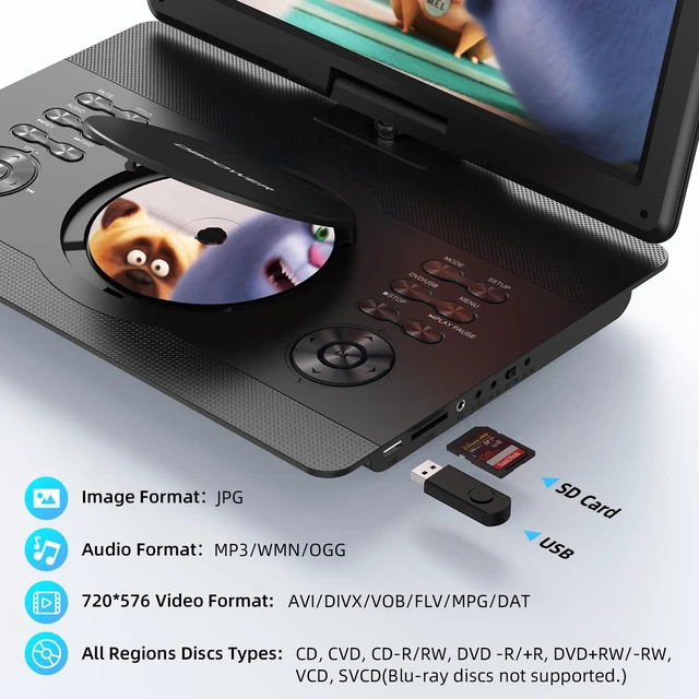 Alt view image 2 of 7 - TENKER 16.9" Portable DVD Players w/14" HD Swivel Screen, 6-Hour Rechargeable Battery Black Color