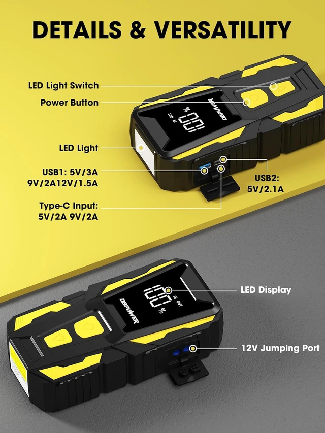 Alt view image 6 of 7 - DBPOWER 5000A Jump Starter, 74Wh Car Battery Jump Starter for Up to 10.0L Gas and 8.0L Diesel Engine, 12V Portable Jump Box Battery Pack with Display, LED Light, Jumper Cables, and Storage Case
