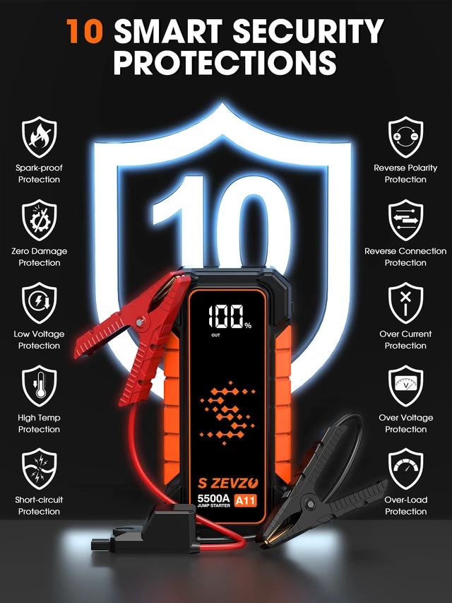 Alt view image 6 of 7 - S ZEVZO A11 Jump Starter, Upgraded 5000A Car Battery Jumper Starter Portable (10.0L Gas & 7.0L Diesel Engines) with Booster 12V Lithium Jump Box with USB Charger, LCD Display, Flashlight, and Case