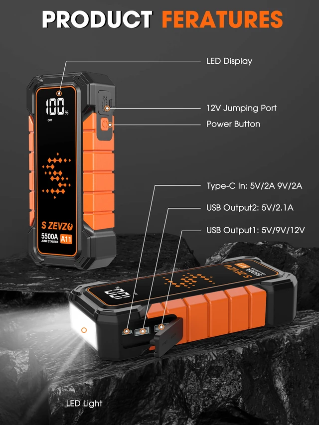 Alt view image 3 of 7 - S ZEVZO A11 Jump Starter, Upgraded 5000A Car Battery Jumper Starter Portable (10.0L Gas & 7.0L Diesel Engines) with Booster 12V Lithium Jump Box with USB Charger, LCD Display, Flashlight, and Case