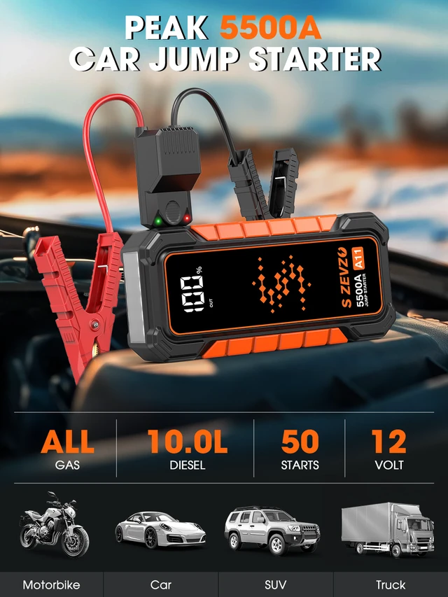 Alt view image 2 of 7 - S ZEVZO A11 Jump Starter, Upgraded 5000A Car Battery Jumper Starter Portable (10.0L Gas & 7.0L Diesel Engines) with Booster 12V Lithium Jump Box with USB Charger, LCD Display, Flashlight, and Case