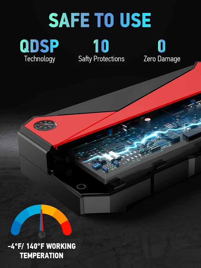 Alt view image 7 of 7 - DBPOWER Peak 3000A 18000mAh Portable Car Jump Starter (up to 8.0L Gas, 6.0L Diesel Engine) Battery Booster with Smart Charging Port, Compass, LCD Screen and LED Light (Black/Red)