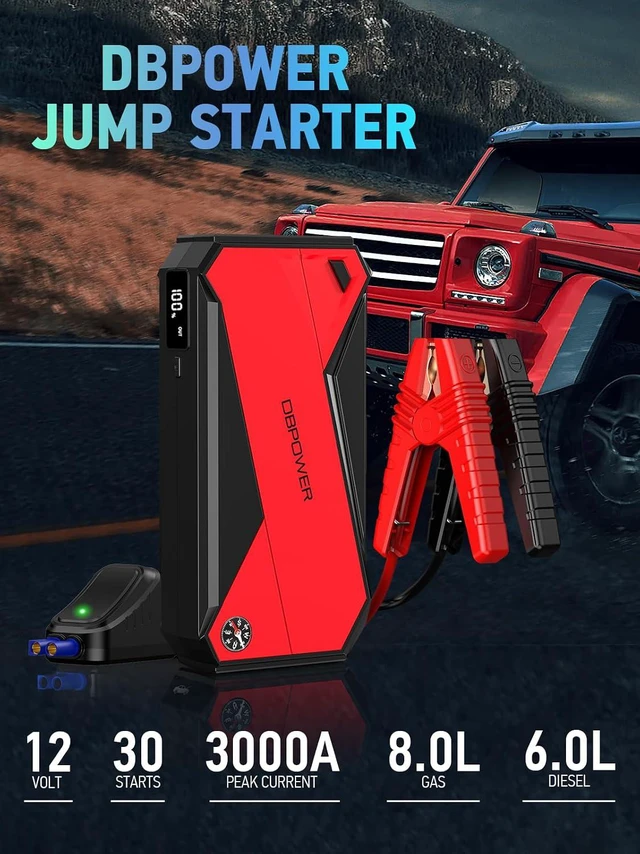 Alt view image 2 of 7 - DBPOWER Peak 3000A 18000mAh Portable Car Jump Starter (up to 8.0L Gas, 6.0L Diesel Engine) Battery Booster with Smart Charging Port, Compass, LCD Screen and LED Light (Black/Red)