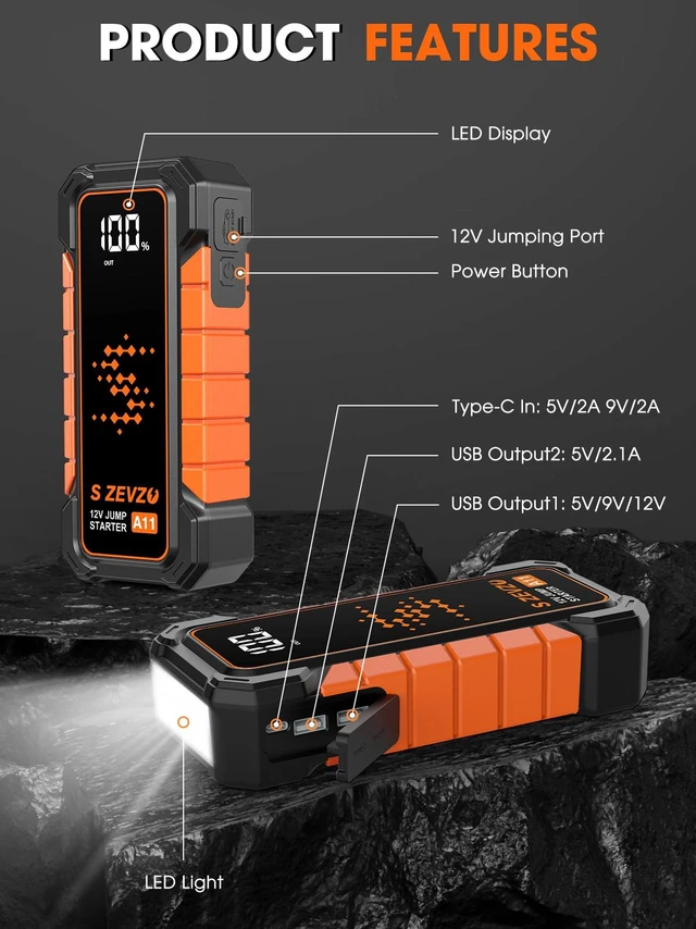 Alt view image 3 of 7 - S ZEVZO A11 Jump Starter, Upgraded 5000A Car Battery Jumper Starter Portable (10.0L Gas & 7.0L Diesel Engines) with Booster 12V Lithium Jump Box with USB Charger, LCD Display, Flashlight, and Case