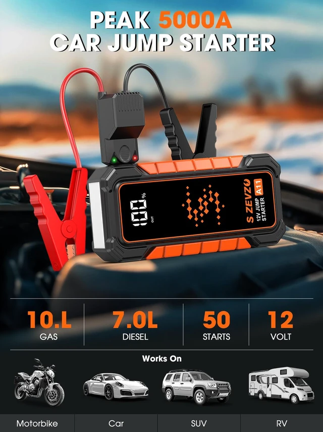 Alt view image 2 of 7 - S ZEVZO A11 Jump Starter, Upgraded 5000A Car Battery Jumper Starter Portable (10.0L Gas & 7.0L Diesel Engines) with Booster 12V Lithium Jump Box with USB Charger, LCD Display, Flashlight, and Case