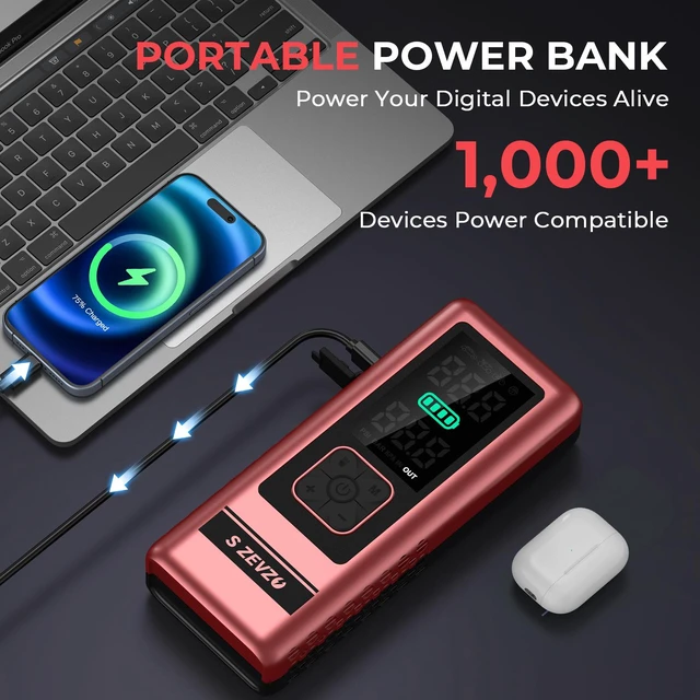 Alt view image 4 of 7 - S ZEVZO Car Jump Starter with Air Compressor, 6000A 150PSI Jump Box Battery Pack(6.0 Gas/4.0L Diesel), Portable 12V Jump Box with Auto-Shutoff Tire Inflator, USB Ports, LCD Display & LED Light