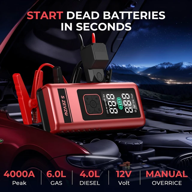 Alt view image 2 of 7 - S ZEVZO Car Jump Starter with Air Compressor, 6000A 150PSI Jump Box Battery Pack(6.0 Gas/4.0L Diesel), Portable 12V Jump Box with Auto-Shutoff Tire Inflator, USB Ports, LCD Display & LED Light