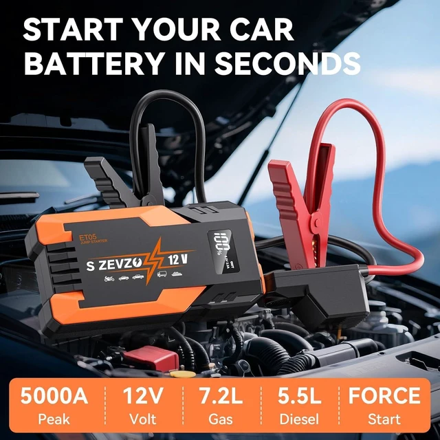 Alt view image 2 of 7 - S ZEVZO ET05 Jump Starter 5000A Portable Car Jump Starter Battery Pack (7.2L Gas/ 5.5L Diesel), 51.8Wh 12V Jump Box with USB Ports, LCD Display and 3 Modes Flashlight