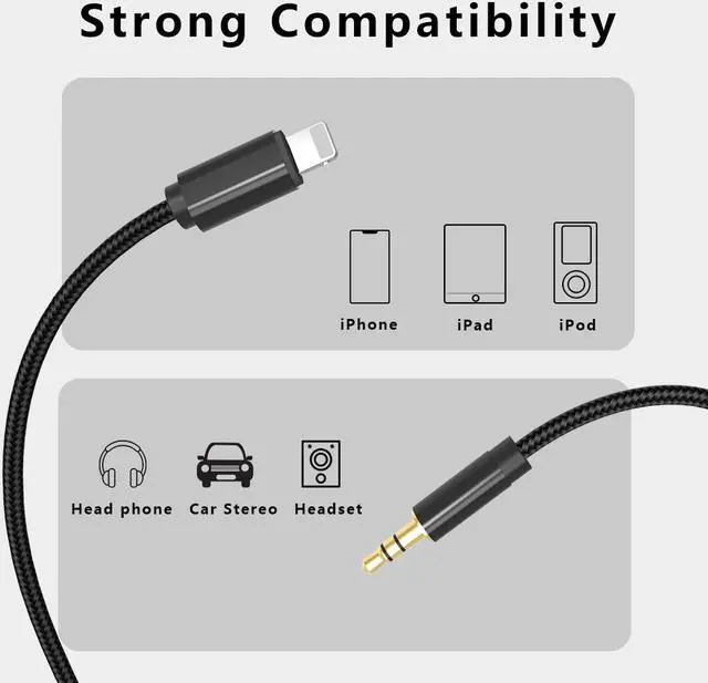 Alt view image 2 of 5 - Aux Cord for Car 3.5mm Audio Stereo Cable Compatible with iPhone 8/12/XS/XR/X/i-Pad/iPod for Car/Home Stereo, Speaker, Headphone, Support All iOS Version -6.6 ft Black…