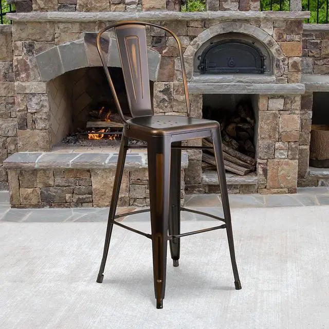 Alt view image 2 of 20 - Commercial Grade 30" High Distressed Copper Metal Indoor-Outdoor Barstool with Back