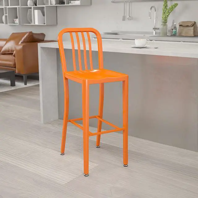 Alt view image 2 of 20 - Commercial Grade 30" High Orange Metal Indoor-Outdoor Barstool with Vertical Slat Back