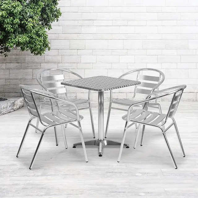 Alt view image 5 of 20 - 23.5'' Square Aluminum Indoor-Outdoor Table Set with 4 Slat Back Chairs