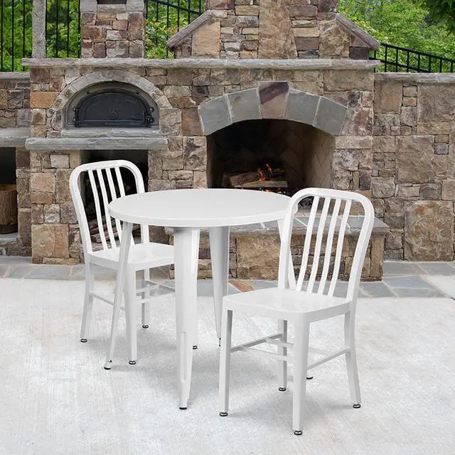 Alt view image 2 of 14 - 30'' Round White Metal Indoor-Outdoor Table Set with 2 Vertical Slat Back Chairs