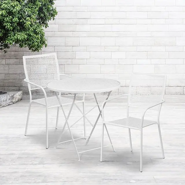 Alt view image 2 of 19 - Flash Furniture Oia Indoor-Outdoor 30" Round Steel Folding Patio Table Set with 2 Square Back Chairs White (CO30RDF02CHR2WH)