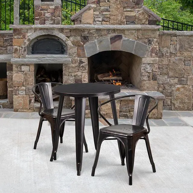 Alt view image 2 of 12 - Flash Furniture Napoleon Indoor-Outdoor 24" Round Table Set with 2 Arm Chairs Black-Antique Gold (CH518TH218ABQ)