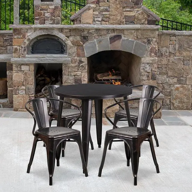 Alt view image 2 of 12 - 30'' Round Black-Antique Gold Metal Indoor-Outdoor Table Set with 4 Arm Chairs