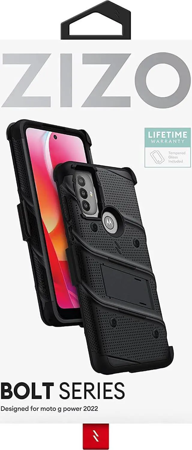 Main image of ZIZO Bolt Bundle for Moto G Power 2022 Case with Screen Protector Kickstand Holster Lanyard - Black