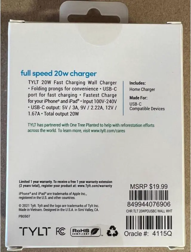 Alt view image 2 of 2 - Tylt 20W Fast Charging Wall Charger White
