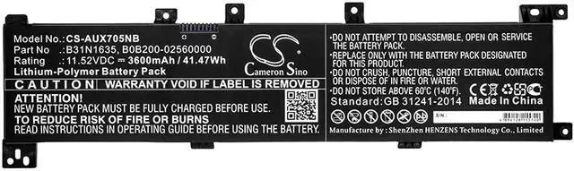 Alt view image 3 of 3 - Battery Replacement for Asus VivoBook Pro 17 N705FD-ES76 VivoBook 17 X705UA-GC040 VivoBook Pro 17 N705UD-GC079T VivoBook 17 X705UF-BX086T F705QA-BX076T X705NC-1B B31N1635 B0B200-02560000