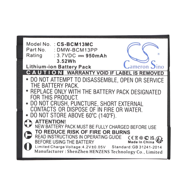Alt view image 5 of 5 - Estry Battery Replacement for DMC-ZS100K DMC-ZS30 DMC-ZS45K DMC-FT5D DMC-TZ40S DMC-ZS40S DMC-TS5S DMC-TZ61 DMC-TS5 DMC-FT5A DMC-FT5K DMC-TZ40 DMC-ZS30W DMC-ZS60K DMW-BCM13 DMW-BCM13E DMW-BCM13PP