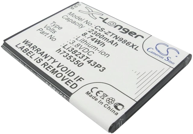 Main image of Estry Battery Replacement for Q801L Maven 2 Imperial II N9516 Warp Sync Z828TL Z828 Avid Trio V975 Z818L Stratos Mid Night Pro Z836BL Z831 Li3823T43P3h735350