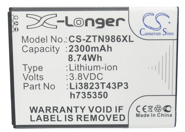 Alt view image 5 of 5 - Estry Battery Replacement for Q801L Maven 2 Imperial II N9516 Warp Sync Z828TL Z828 Avid Trio V975 Z818L Stratos Mid Night Pro Z836BL Z831 Li3823T43P3h735350