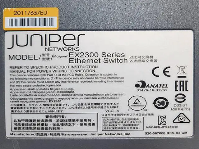 Alt view image 3 of 3 - Juniper EX2300 24-port 10/100/1000BaseT PoE+, 4 x 1/10GSFP/SFP+ Ethernet Switch.

Juniper EX2300 24-port 10/100/1000BaseT PoE+, 4 x 1/10GSFP/SFP+ Ethernet Switch.