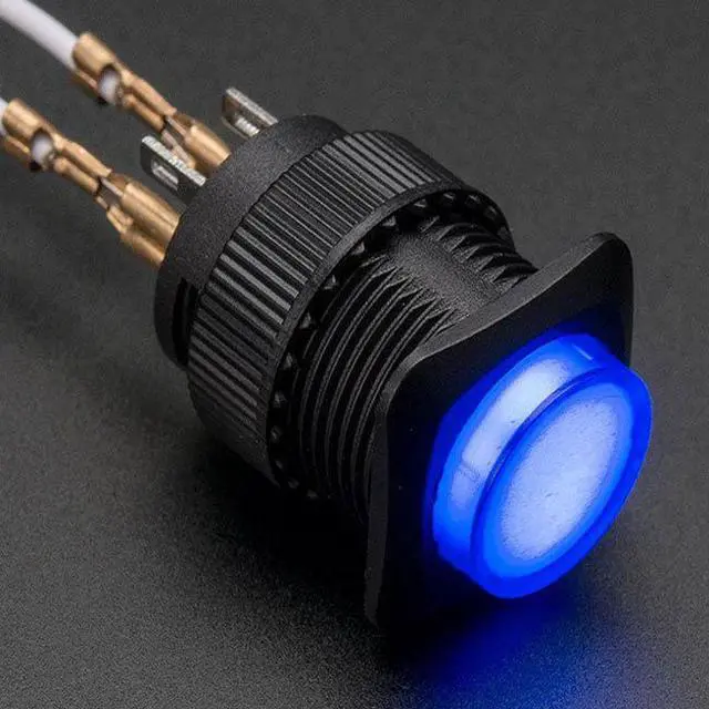 Main image of 1476 - PUSH SWITCH LIT LATCH BLUE 1P1T ON/OFF 3A/125V 16MM TH SOL/PUSH