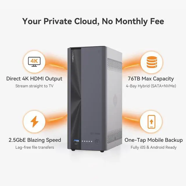 Alt view image 2 of 7 - LincStation E1 4-Bay Hybrid Private Cloud NAS Server | 2x SATA, 2x NVMe M.2 SSD Slots, Up to 76TB Network Storage, Auto Phone Backup via Dual-Band Wi-Fi, 4K HDMI, 2.5GbE LAN, No Monthly Subscription