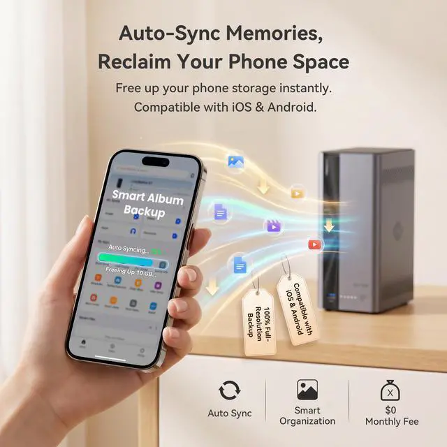 Alt view image 5 of 7 - LincStation E1 4-Bay Hybrid Private Cloud NAS Server | 2x SATA, 2x NVMe M.2 SSD Slots, Up to 76TB Network Storage, Auto Phone Backup via Dual-Band Wi-Fi, 4K HDMI, 2.5GbE LAN, No Monthly Subscription