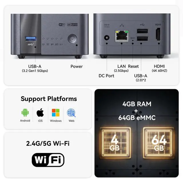 Alt view image 7 of 7 - LincStation E1 4-Bay Hybrid Private Cloud NAS Server | 2x SATA, 2x NVMe M.2 SSD Slots, Up to 76TB Network Storage, Auto Phone Backup via Dual-Band Wi-Fi, 4K HDMI, 2.5GbE LAN, No Monthly Subscription