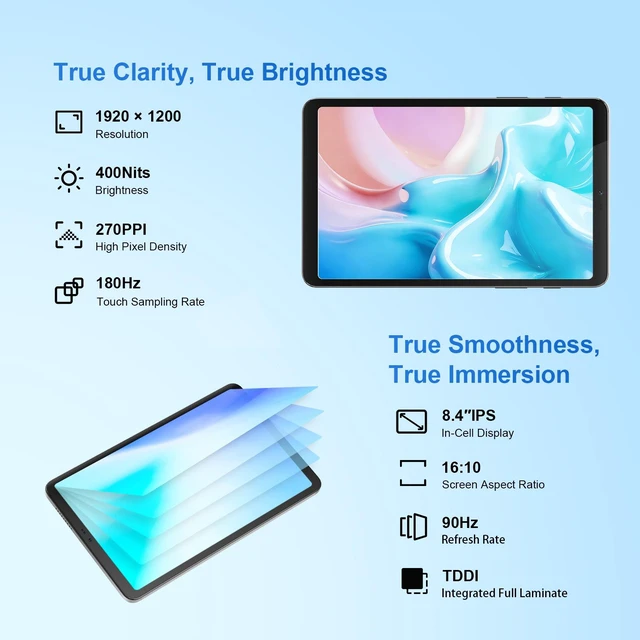 Alt view image 2 of 7 - LincPlus M8 8.4-Inch Android 15 Tablet, MediaTek Helio G99, 12GB RAM, 128GB Storage, 1920 x 1200 90Hz IPS Display, 6000mAh Battery, Widevine L1, Silicone Case Included