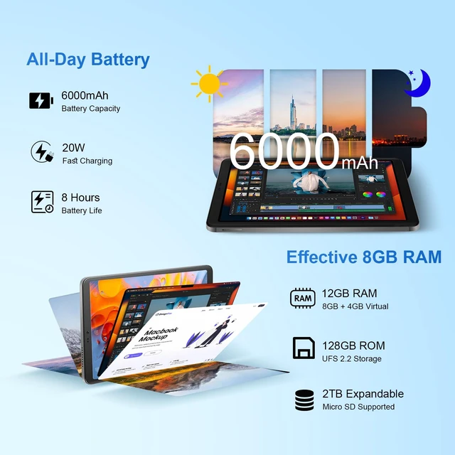 Alt view image 4 of 7 - LincPlus M8 8.4-Inch Android 15 Tablet, MediaTek Helio G99, 12GB RAM, 128GB Storage, 1920 x 1200 90Hz IPS Display, 6000mAh Battery, Widevine L1, Silicone Case Included