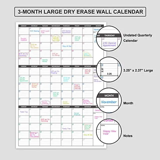 Alt view image 3 of 7 - Large Dry Erase Calendar For Wall - 3 Month Vertical Wall Calendar, Blank Reusable Monthly Quarterly Calendar Planner Undated, 27.8" X 41" Whiteboard Calendar, Laminated Organizer For Home, Offic