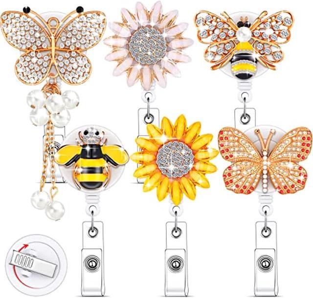 6 Pcs Rhinestone Retractable Nurse Id Badge Reel Holder With Clip Cute  Bling Butterfly Bee Sunflower Animals Flower Name Card Badge Reel For  Volunteer Doctors Teachers Students (Beautiful Style) 