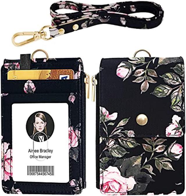 Badge Holder with Zipper, Arae PU Leather ID Badge Card Holder Wallet with  [2 ID Window] Cash Pockets Credit Card Slots and Detachable Lanyard/Strap
