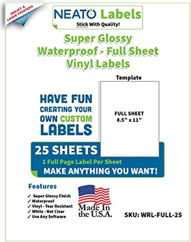 8.5 x 11 Vinyl Labels, 100 Sheets, Weatherproof Vinyl for Laser
